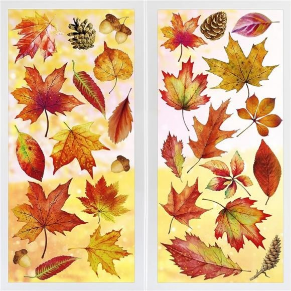 Thanksgiving Window Clings 6 Sheets Maple Leaves Pine Cones Window Sticker - Picture 1 of 7